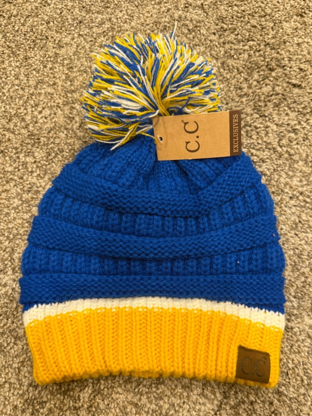 C.C Royal Blue, Yellow & White Pom Pom Beanie